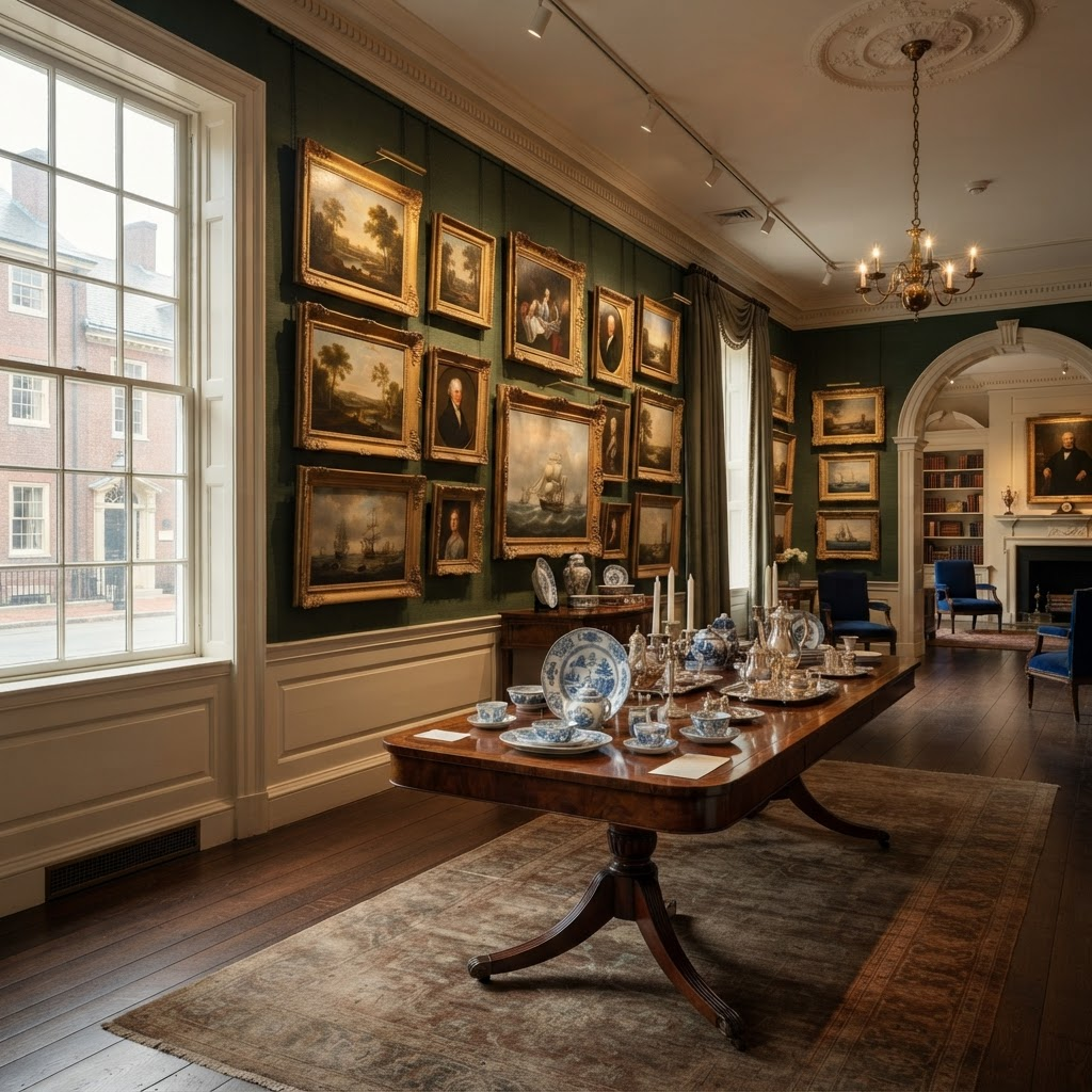 Interior of the Colburn Auctions gallery displaying fine art and antiques